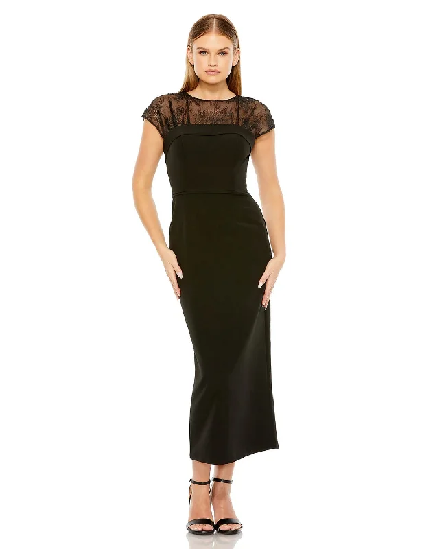 Mac Duggal 49799 Sheer Lace Top Crepe Midi Dress Classic Black Midi Dress