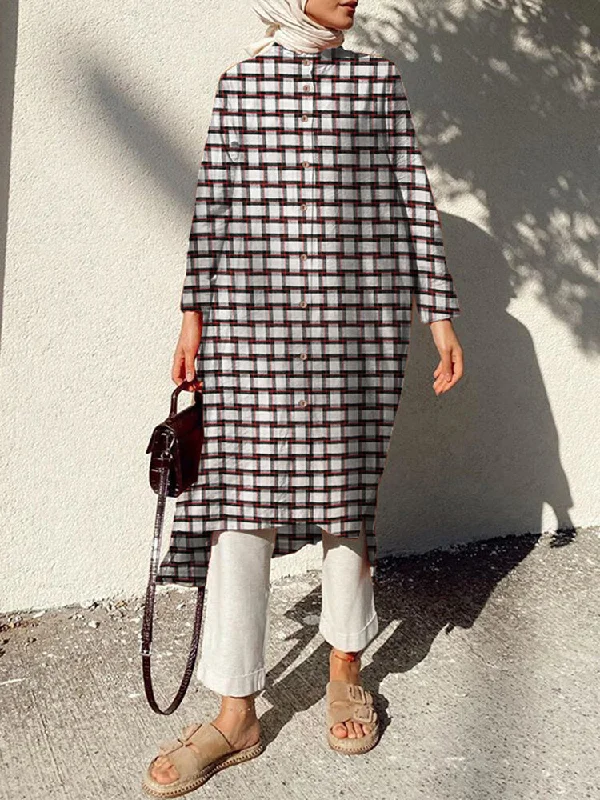 Mandarin Collar Plaid Print Kaftan Long Sleeve Shirt Women Midi Dress Trendy Square Neck Midi Dress