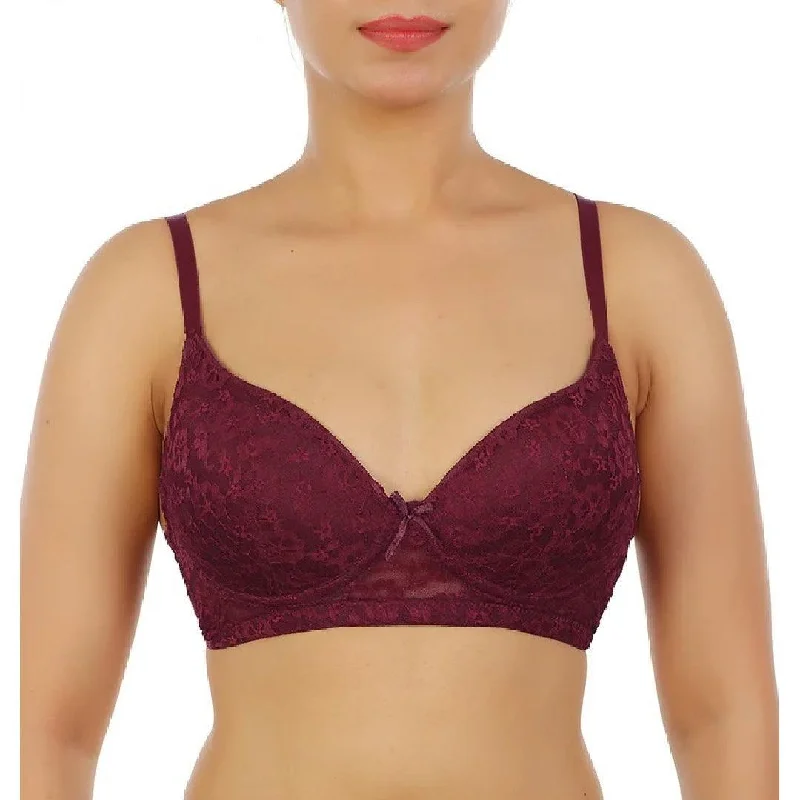 Maroon Color Padded Bra with Lace Light Padded Push-Up Bra with Adjustable Straps For Women Seamless Wireless Bra