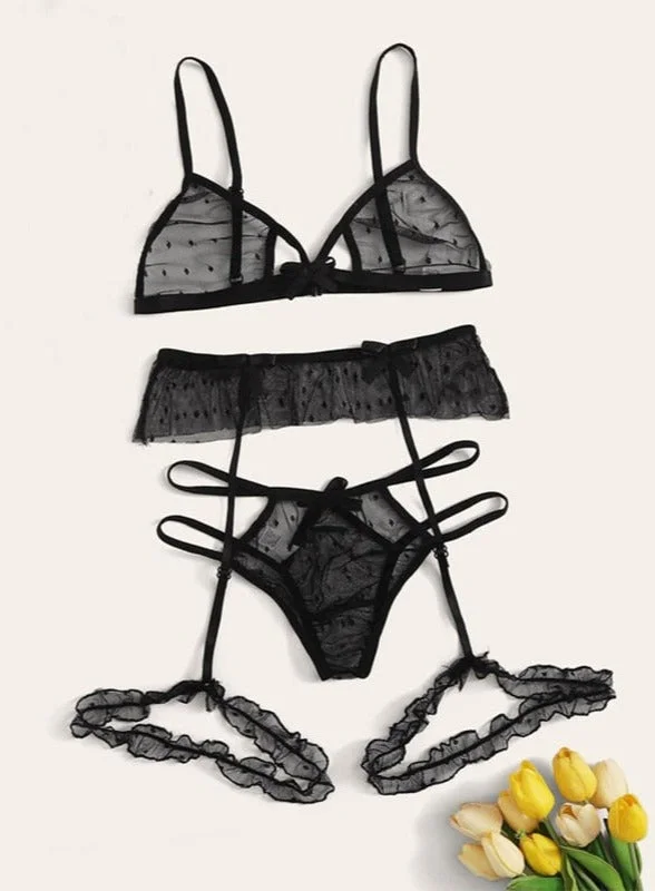 Mesh Sexy Women Lingerie 3pcs Bra Set Hollow Out Brassiere Sporty Compression Bra