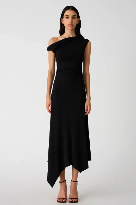 MISHA ALMA MATTE JERSEY MIDI DRESS Stylish Off-Shoulder Ruffle Dress