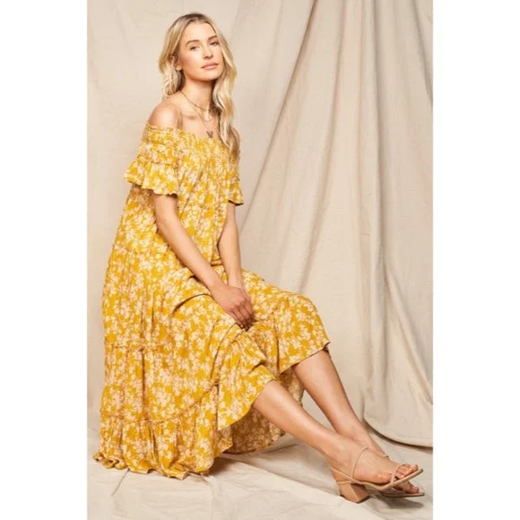 Moss Yellow Floral Flowly Bohemian Tiered Off The Shoulder Casual Midi Dress Stylish Off-Shoulder Ruffle Dress