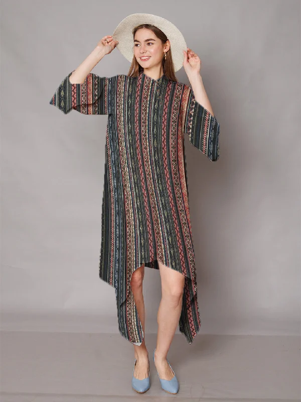 Multi-Colored Bohemian Printed High-Low Midi Dress Comfortable Deep V Midi Dress