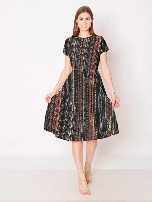 Multi-Colored Geometric Printed A-Line Midi Dress Trendy Off-Shoulder Button Midi Dress