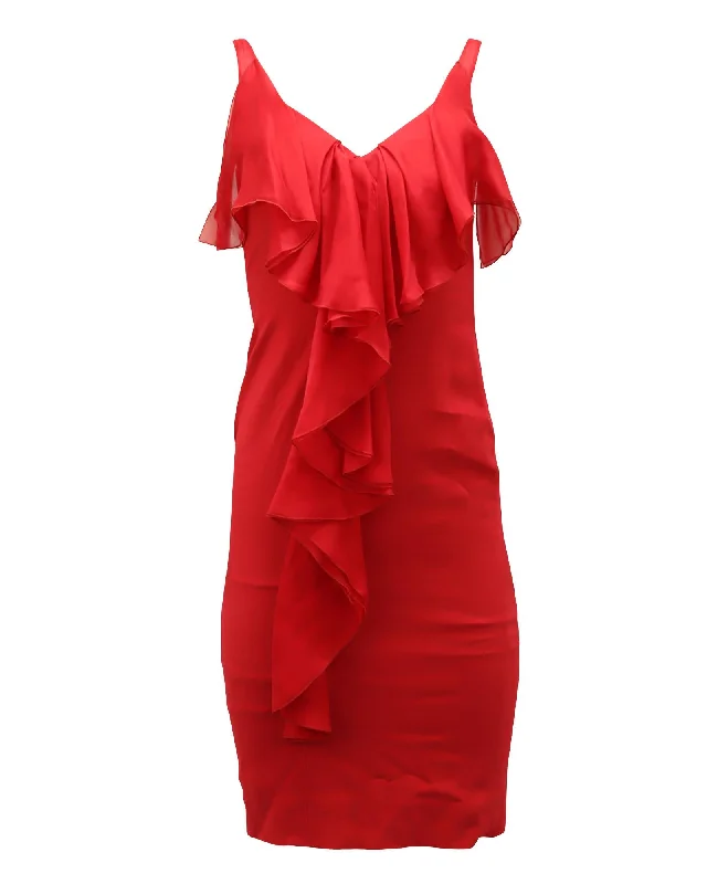 Ruffle Midi Dress in Red Silk Trendy Fit-and-Flare Midi Dress