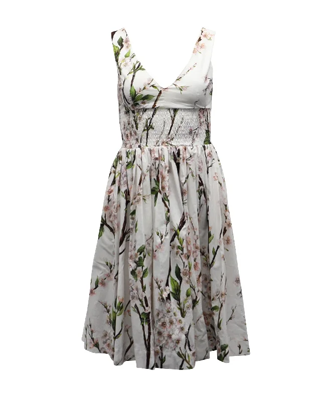 Cherry Blossom Print Cotton Midi Dress with V-Neck Trendy Boho Midi Dress