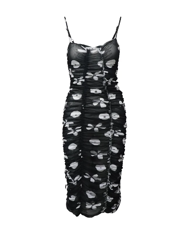 Bold Black-and-White Floral Ruched Midi Dress Trendy Bodycon Midi Dress