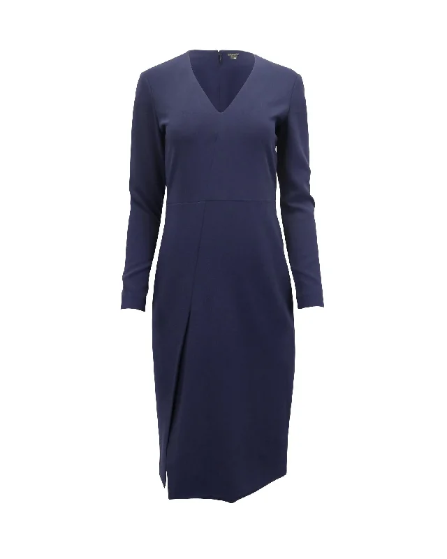 V-Neck Long Sleeve Midi Dress in Navy Triacetate Comfortable Stretch Midi Dress