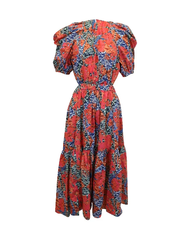 Floral Cotton Midi Dress with Puff Sleeves and Open Back Elegant Puff Sleeve Midi Dress