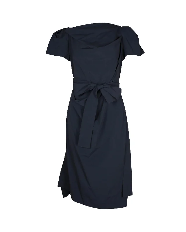 Vivienne Westwood Front Tie Midi Dress in Navy Blue Nylon Trendy Midi Dress with Belt