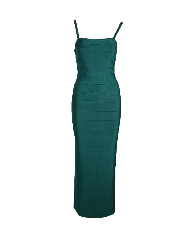 Crystal-Embellished Bandage Midi Dress in Green Cozy A-Line Midi Dress