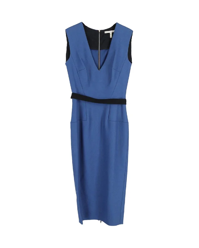 Blue V-Neck Belted Midi Dress in Polyester Elegant Pleated Sleeve Midi Dress