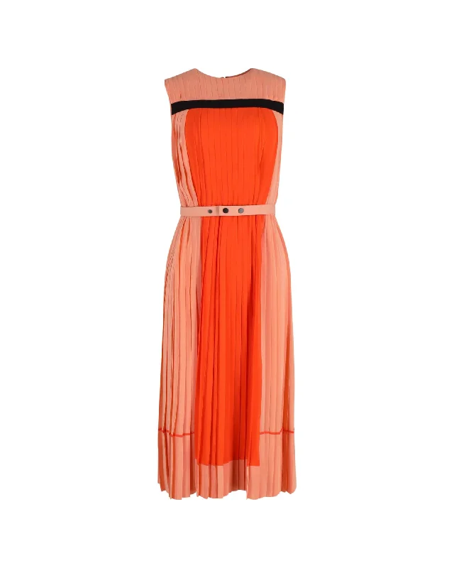 Pleated Colorblock Midi Dress in Orange Silk Chic Lace Detail Midi Dress