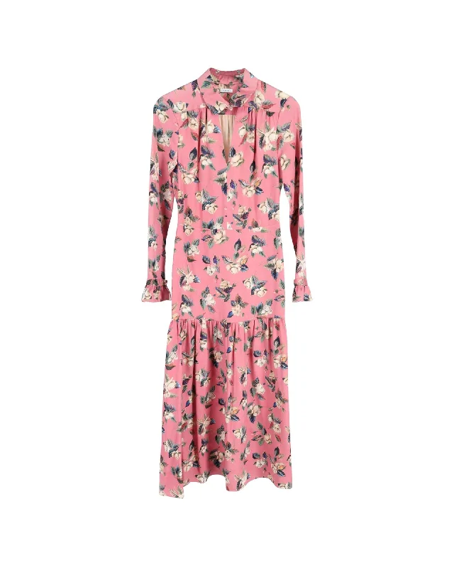 Floral Midi Dress in Pink Wool Trendy Midi Dress with Belt