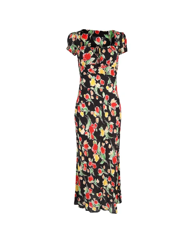 Floral Tie-Detailed Midi Dress in Crepe de Chine Trendy Fit-and-Flare Midi Dress