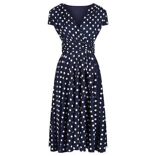 Navy Blue Polka Dot Cap Sleeve Fit And Flare Midi Dress Elegant Satin Slip Midi Dress