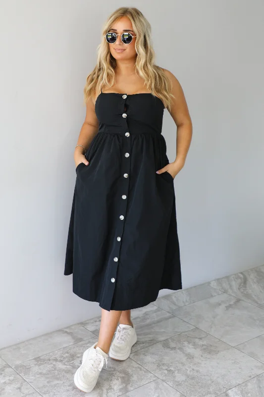 Off The Coast Midi Dress: Black Trendy Long Sleeve Midi Dress