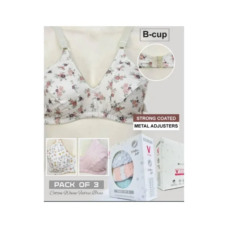 Pack of 3 Cotton bra for heavy breast floral print bra Soft Cup Bralette