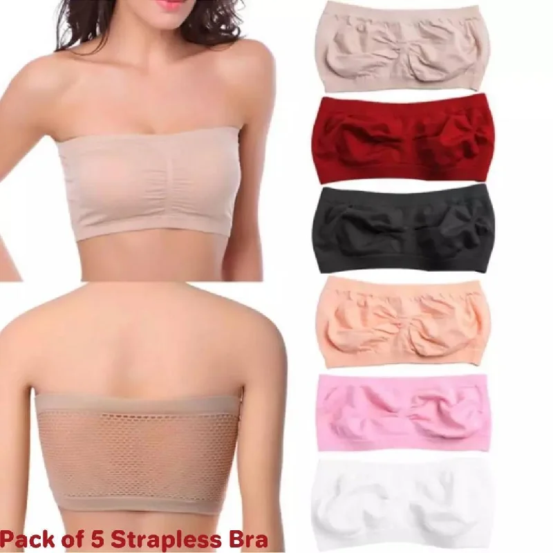 Pack of 5 Women Breathable Strapless non padded Bra Tube Top Seamless Casual Bra Comfortable Fit Bralette