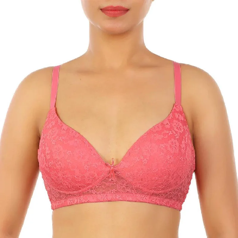 Pink Color Padded Bra with Lace Light Padded Push-Up Bra with Adjustable Straps For Women Full Coverage Bra