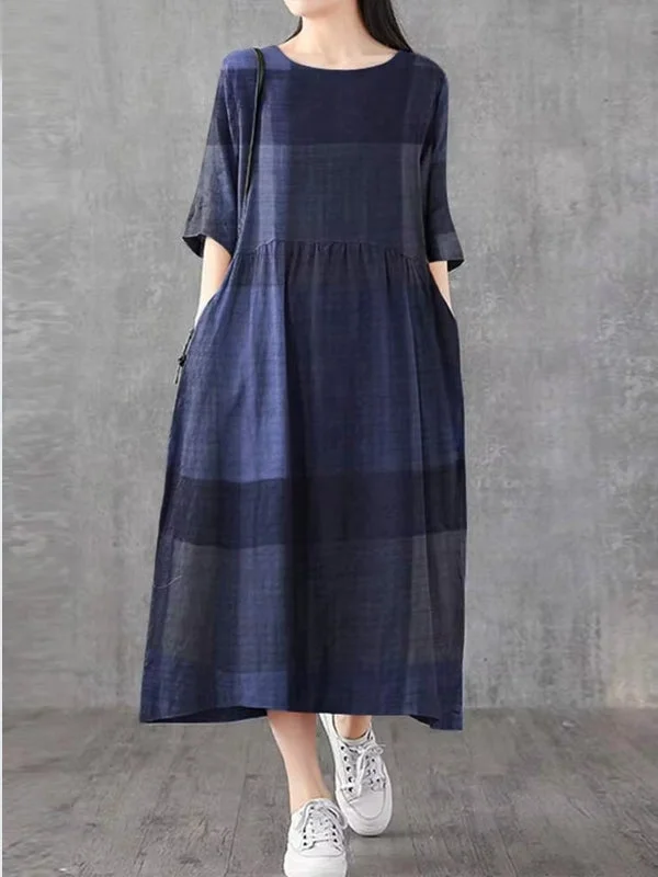 Plaid Half Sleeve Pocket Women Midi Dresses Elegant Satin Slip Midi Dress