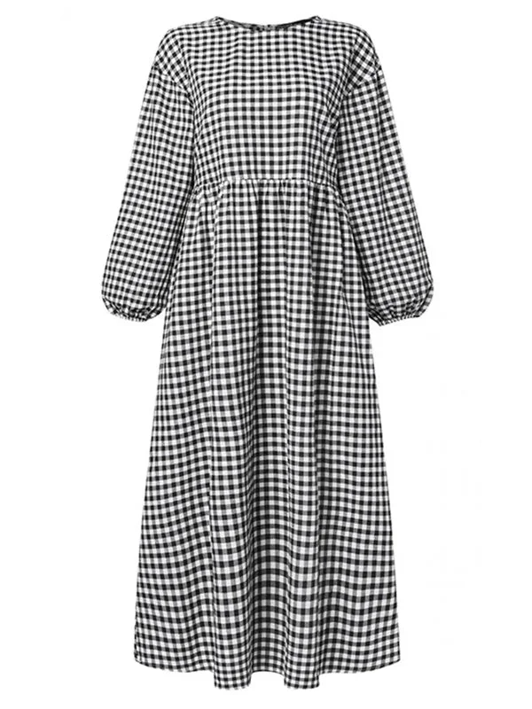 Plaid Print Pleated Round Neck Casual Half Sleeve Women Midi Dress Trendy Off-Shoulder Ruffle Midi Dress