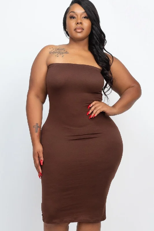 Plus Size Brown Tube Bodycon Midi Dress Trendy Ruched Side Midi Dress