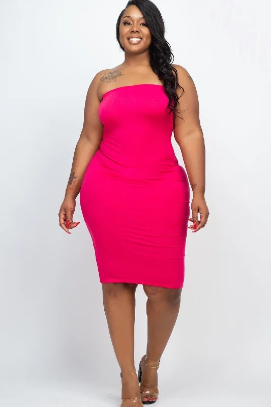 Plus Size Hot Pink Tube Bodycon Midi Dress Fashionable Fitted Midi Dress