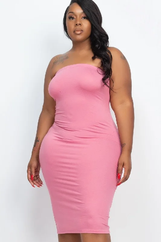 Plus Size Pink Tube Bodycon Midi Dress Comfortable Stretch Midi Dress