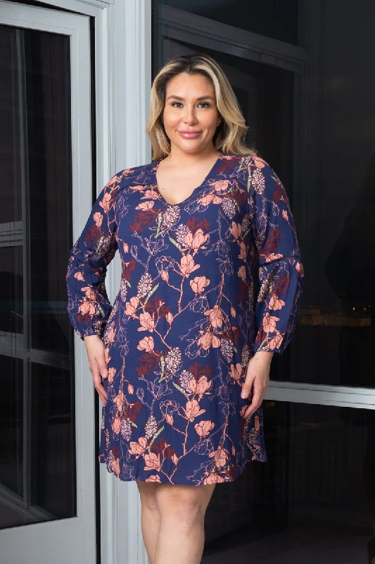 Plus Size V-Nek 3/4 Sleeve Floral Print Midi Dress W/full lining (195913) Trendy Ruffled Sleeve Midi Dress