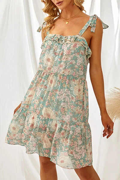 Explore More Collection - Printed Ruffled Square Neck Mini Dress Elegant Silk Mini Dress