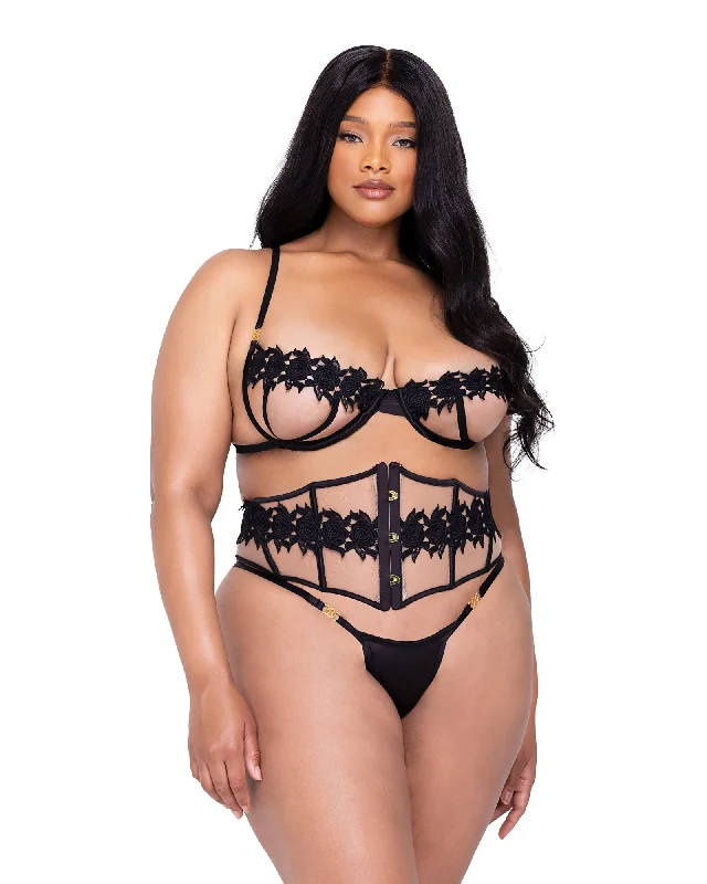Queen Ebony Rose Bra & Waspie Set Chic Lace Bra