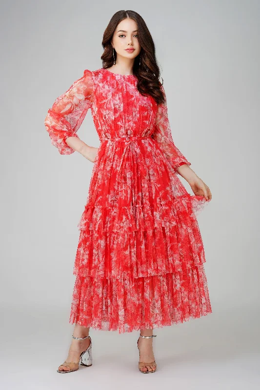 Rebecca Midi Dress in Red Print Stylish Tiered Midi Dress