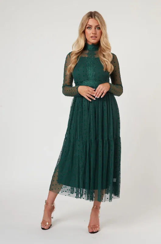 Roman Lola Polka Dot Midi Dress in Green Trendy Ruffle Hem Midi Dress