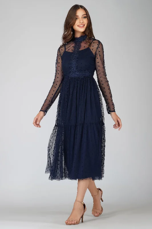 Roman Lola Polka Dot Midi Dress in Navy Blue Comfortable Lace-Up Midi Dress