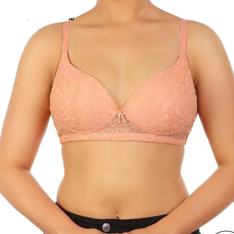 Salmon Color Light Padded Bra with Lace Wire Free Padded Push-Up Bra with Adjustable Straps Supportive Sports Bra