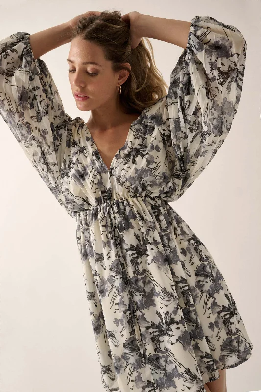 Silver Shadows Floral Chiffon Kimono Mini Dress Comfortable Bodycon Mini Dress