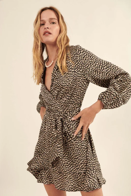 Spirit Animal Animal-Print Satin Wrap Mini Dress Fashionable Mini Dress with Frills
