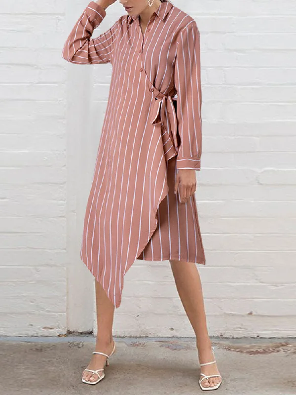 Striped Irregular Wrap Tie Stylish Long Sleeve Women Midi Dress Trendy Smocked Detail Midi Dress