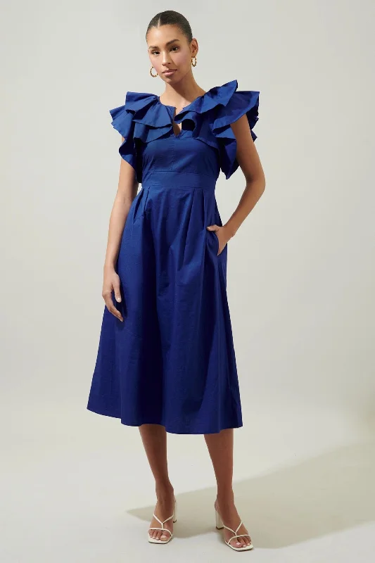 Santana Ruffle Sleeve Tie Back Midi Dress - NAVY Elegant Satin Slip Midi Dress