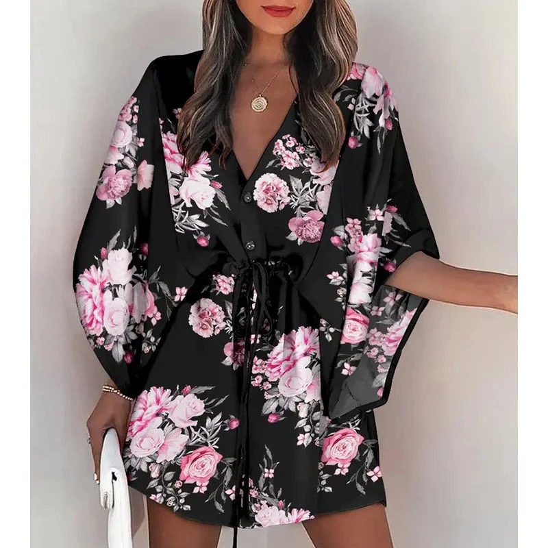 Summer Boho Women Flora Print V Neck Loose Button Mini Dresses Trendy Off-Shoulder Dress Mini