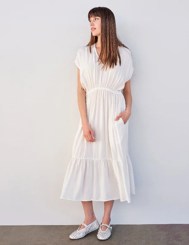 Sundry Midi Dress with Ruffle in Cream Elegant Maxi-Midi Hybrid Dress