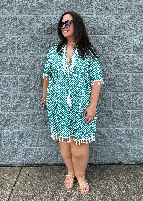 Explore More Collection - Tassel Printed Notched Half Sleeve Mini Dress Stylish Sweetheart Neck Mini Dress