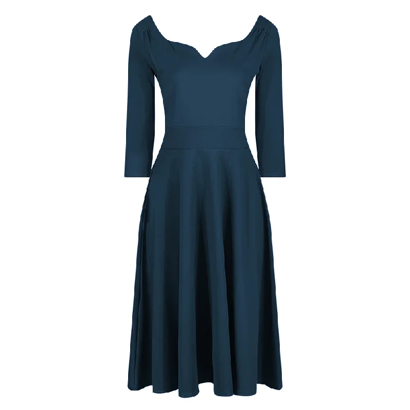 Teal Diamond Neckline 3/4 Sleeve Vintage Swing Midi Dress Fashionable One-Shoulder Midi Dress