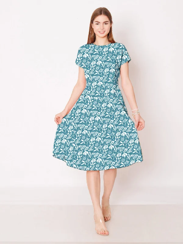 Teal Floral Printed A-Line Midi Dress Trendy Smocked Detail Midi Dress