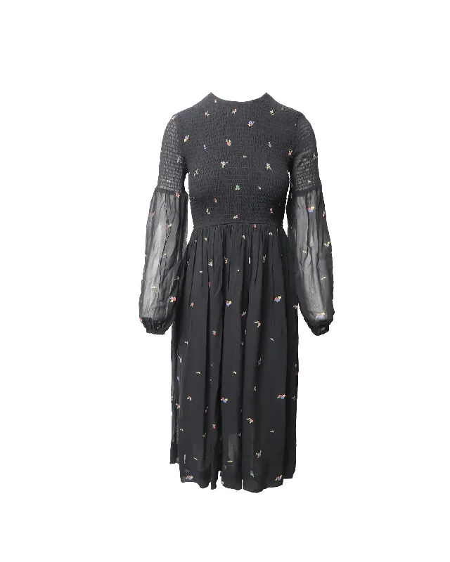 Floral-Print Georgette Midi Dress in Black Viscose Stylish Vintage Midi Dress