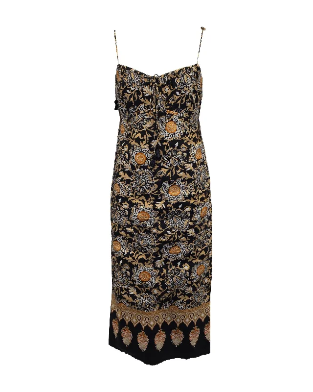 Floral Print Cotton Midi Dress with Beading and Tassel Detail Fashionable Casual Midi Dress