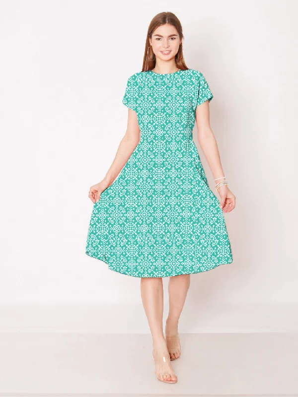 Turquoise Geometric Printed A-Line Midi Dress Elegant Puff Sleeve Midi Dress