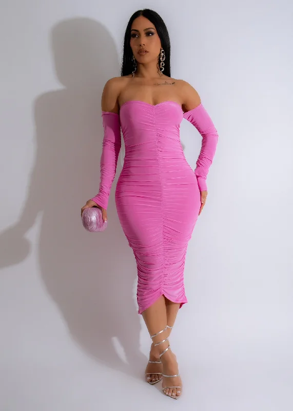 Vibrant Charm Ruched Midi Dress Pink Elegant Velvet Midi Dress