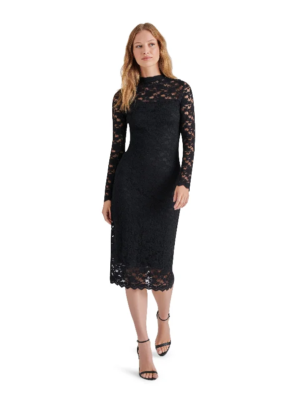 Vivienne Lace Midi Dress, Black | Steve Madden Trendy A-Line Midi Dress